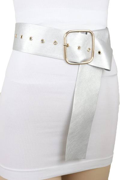Brand New Women Metallic Silver Extra Long Faux Leather Wide Waistband Fashion Belt XS S