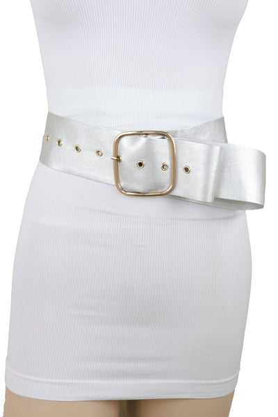Brand New Women Metallic Silver Extra Long Faux Leather Wide Waistband Fashion Belt XS S