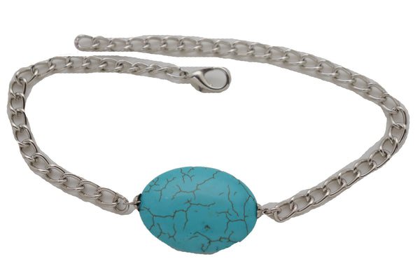 Brand New Women Silver Metal Chain Boot Bracelet Anklet Charm Turquoise Blue Bead Charm