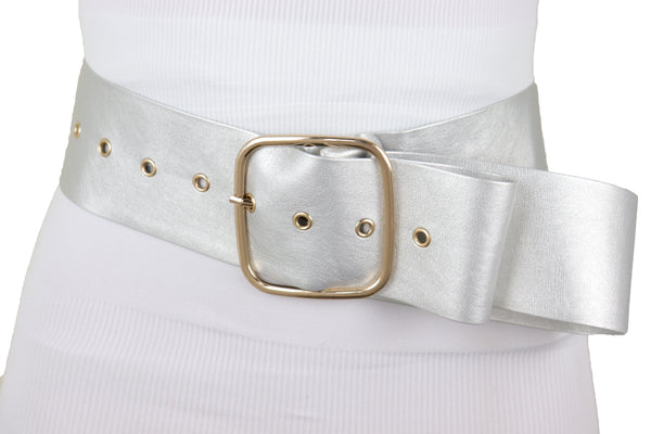 Brand New Women Metallic Silver Extra Long Faux Leather Wide Waistband Fashion Belt XS S