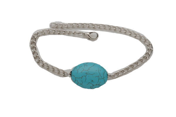 Brand New Women Silver Metal Chain Boot Bracelet Anklet Charm Turquoise Blue Bead Charm