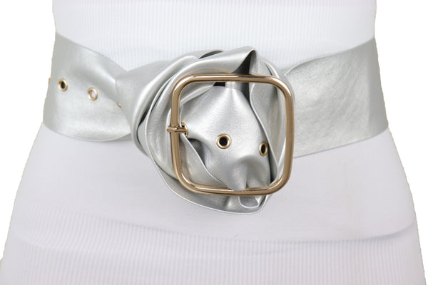 Brand New Women Metallic Silver Extra Long Faux Leather Wide Waistband Fashion Belt XS S