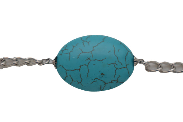 Brand New Women Silver Metal Chain Boot Bracelet Anklet Charm Turquoise Blue Bead Charm
