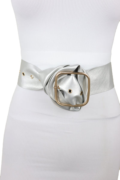 Brand New Women Metallic Silver Extra Long Faux Leather Wide Waistband Fashion Belt XS S