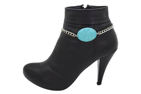 Brand New Women Silver Metal Chain Boot Bracelet Anklet Charm Turquoise Blue Bead Charm