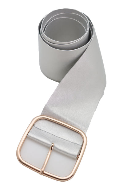 Brand New Women Metallic Silver Extra Long Faux Leather Wide Waistband Fashion Belt XS S