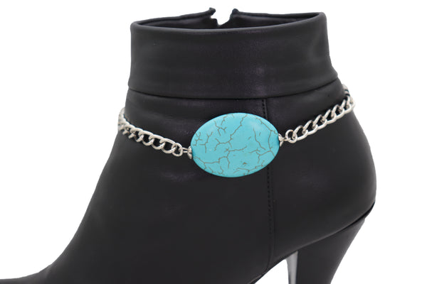 Brand New Women Silver Metal Chain Boot Bracelet Anklet Charm Turquoise Blue Bead Charm