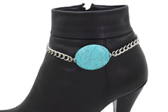 Silver Metal Chain Boot Bracelet Anklet Charm Turquoise Blue Bead Charm
