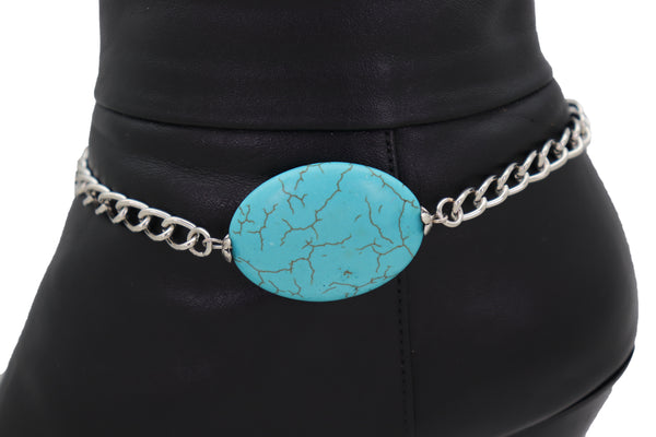 Brand New Women Silver Metal Chain Boot Bracelet Anklet Charm Turquoise Blue Bead Charm