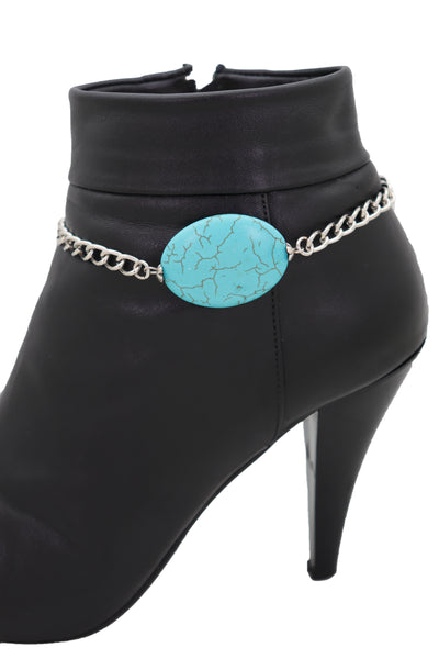 Brand New Women Silver Metal Chain Boot Bracelet Anklet Charm Turquoise Blue Bead Charm