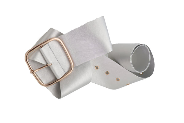 Brand New Women Metallic Silver Extra Long Faux Leather Wide Waistband Fashion Belt XS S