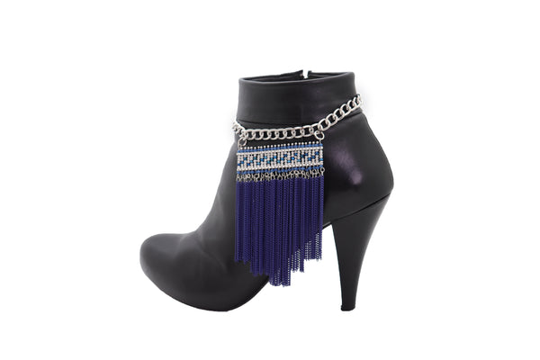 Brand New Women Silver Metal Chain Boot Bracelet Shoe Blue Tassel Beads Ethnic Charm Bling