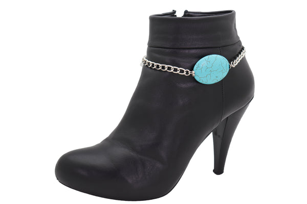 Brand New Women Silver Metal Chain Boot Bracelet Anklet Charm Turquoise Blue Bead Charm
