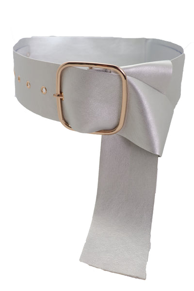 Brand New Women Metallic Silver Extra Long Faux Leather Wide Waistband Fashion Belt XS S