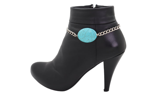 Brand New Women Silver Metal Chain Boot Bracelet Anklet Charm Turquoise Blue Bead Charm