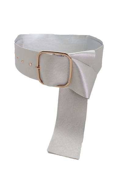 Brand New Women Metallic Silver Extra Long Faux Leather Wide Waistband Fashion Belt XS S