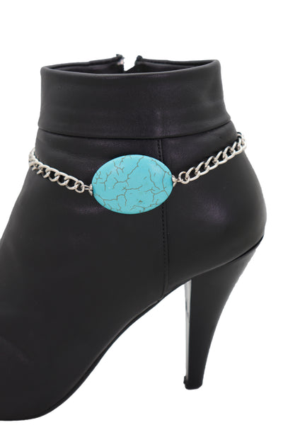 Brand New Women Silver Metal Chain Boot Bracelet Anklet Charm Turquoise Blue Bead Charm