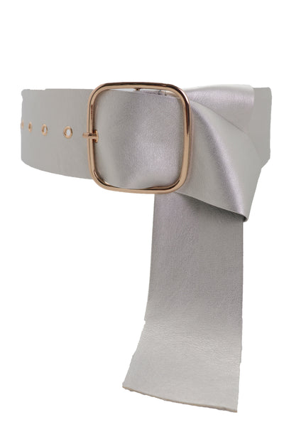 Brand New Women Metallic Silver Extra Long Faux Leather Wide Waistband Fashion Belt XS S