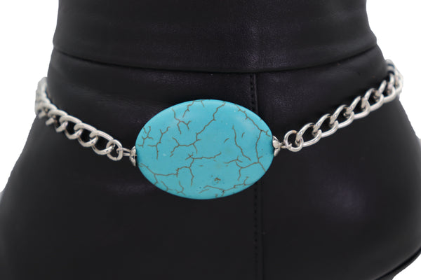 Brand New Women Silver Metal Chain Boot Bracelet Anklet Charm Turquoise Blue Bead Charm
