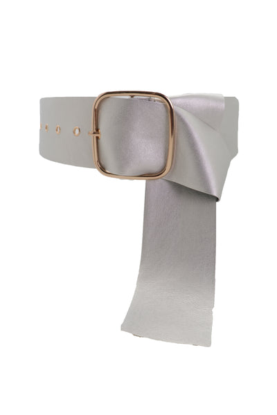 Brand New Women Metallic Silver Extra Long Faux Leather Wide Waistband Fashion Belt XS S