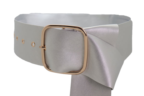 Brand New Women Metallic Silver Extra Long Faux Leather Wide Waistband Fashion Belt XS S