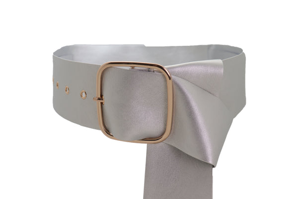 Brand New Women Metallic Silver Extra Long Faux Leather Wide Waistband Fashion Belt XS S