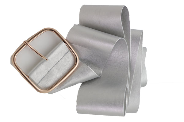 Brand New Women Metallic Silver Extra Long Faux Leather Wide Waistband Fashion Belt XS S