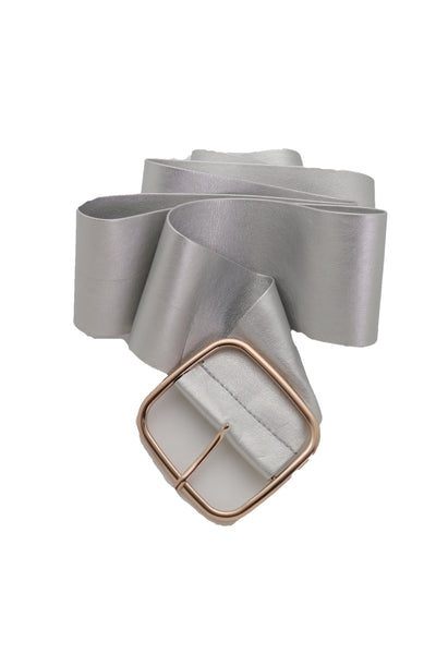 Brand New Women Metallic Silver Extra Long Faux Leather Wide Waistband Fashion Belt XS S