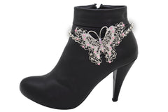Silver Metal Chain Fashion Boot Bracelet Shoe Anklet Pink Butterfly Charm