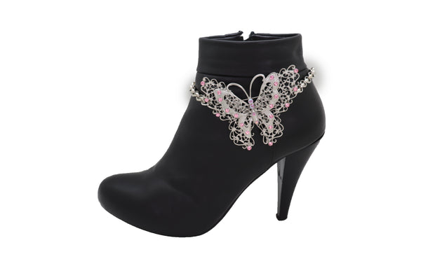 Brand New Women Silver Metal Chain Fashion Boot Bracelet Shoe Anklet Pink Butterfly Charm