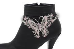 Silver Metal Chain Fashion Boot Bracelet Shoe Anklet Pink Butterfly Charm