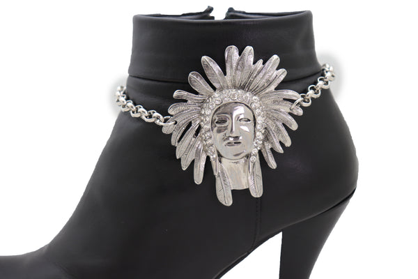 Brand New Women Silver Chain Boot Western Bracelet Shoe American Indian Head Charm Anklet