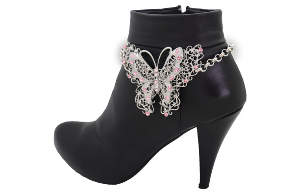 Brand New Women Silver Metal Chain Fashion Boot Bracelet Shoe Anklet Pink Butterfly Charm