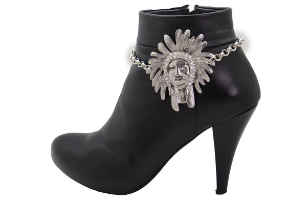 Brand New Women Silver Chain Boot Western Bracelet Shoe American Indian Head Charm Anklet
