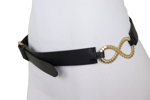 Brand New Women Black Faux Leather Fashion Belt Gold Metal Infinity Side Charm Buckle S M