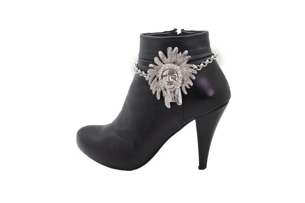 Brand New Women Silver Chain Boot Western Bracelet Shoe American Indian Head Charm Anklet