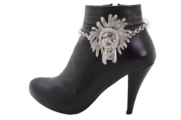 Brand New Women Silver Chain Boot Western Bracelet Shoe American Indian Head Charm Anklet
