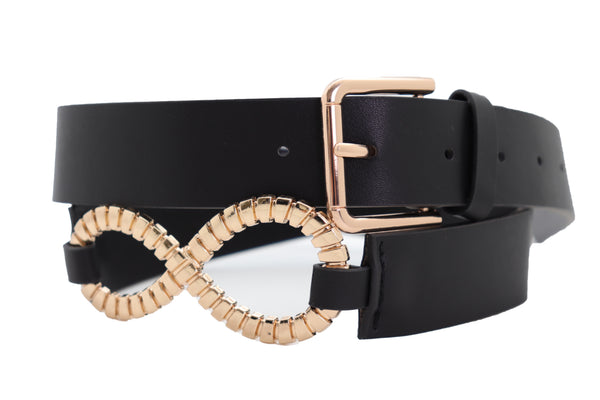 Brand New Women Black Faux Leather Fashion Belt Gold Metal Infinity Side Charm Buckle S M