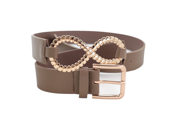 Brand New Women Brown Taupe Faux Leather Fashion Belt Gold Metal Buckle Infinity Charm S M
