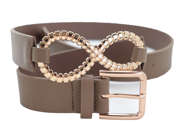 Brand New Women Brown Taupe Faux Leather Fashion Belt Gold Metal Buckle Infinity Charm S M