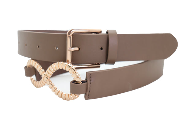 Brand New Women Brown Taupe Faux Leather Fashion Belt Gold Metal Buckle Infinity Charm S M