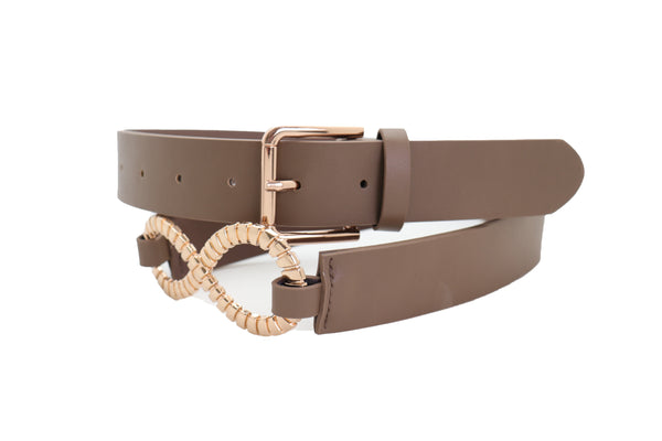 Brand New Women Brown Taupe Faux Leather Fashion Belt Gold Metal Buckle Infinity Charm S M
