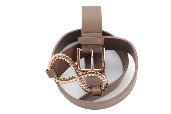 Brand New Women Brown Taupe Faux Leather Fashion Belt Gold Metal Buckle Infinity Charm S M