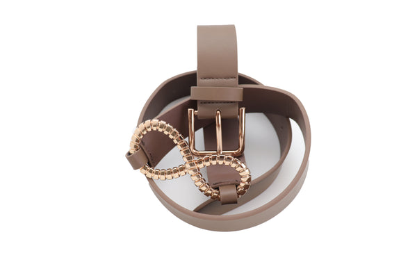 Brand New Women Brown Taupe Faux Leather Fashion Belt Gold Metal Buckle Infinity Charm S M