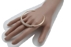 Chic Women Knuckle Ring Wide Gold Bling Half Moon Rhinestones Jewelry Size 7