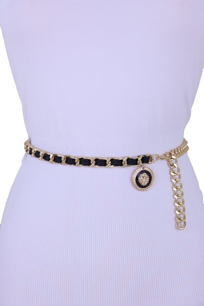 Women Fashion Gold Metal Chain Links Black Sexy Belt Lion Medallion Charm Fit Sizes XS S M