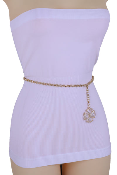 Women Fashion Belt Gold Metal Chain Links Waistband Flower Bling Charm Fits Sizes M L XL