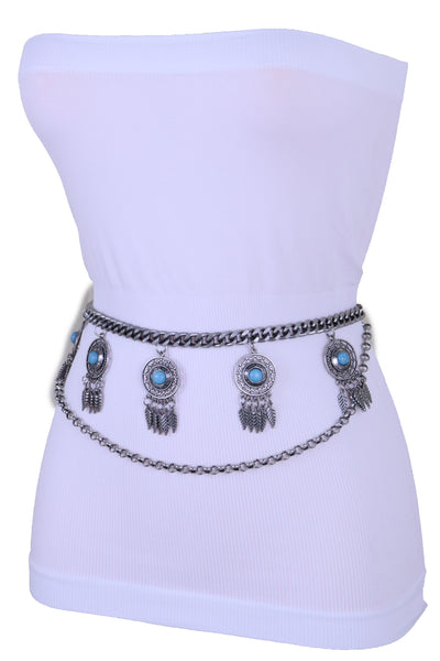 Women Antique Silver Metal Chain Western Belt Feather Turquoise Charms Fits Sizes XS S M