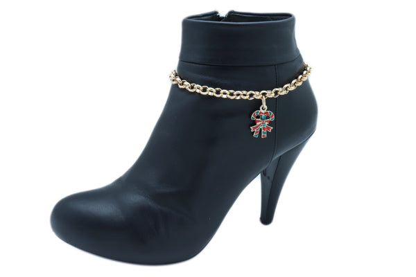 New Women Gold Metal Boot Chain Bracelet Christmas Shoe Candy Cane Charm Jewelry Adjustable Size Band