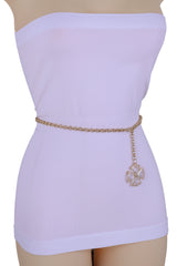 Women Gold Metal Chain Link Fashion Belt Hip High Waist Flower Charm Bling Buckle Fit Size XS S M